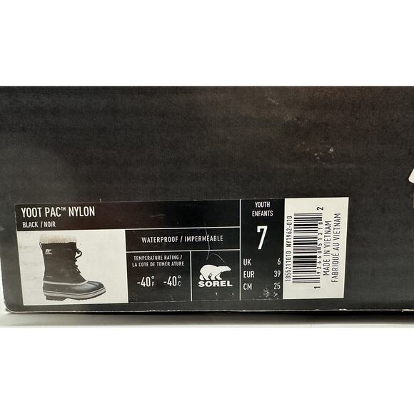 Sorel Yoot PAC Nylon Black Boots NY1962-010 Youth Size 7 Waterproof With Box - Picture 8 of 8